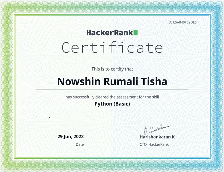 Python (Basic) Certificate from HackerRank